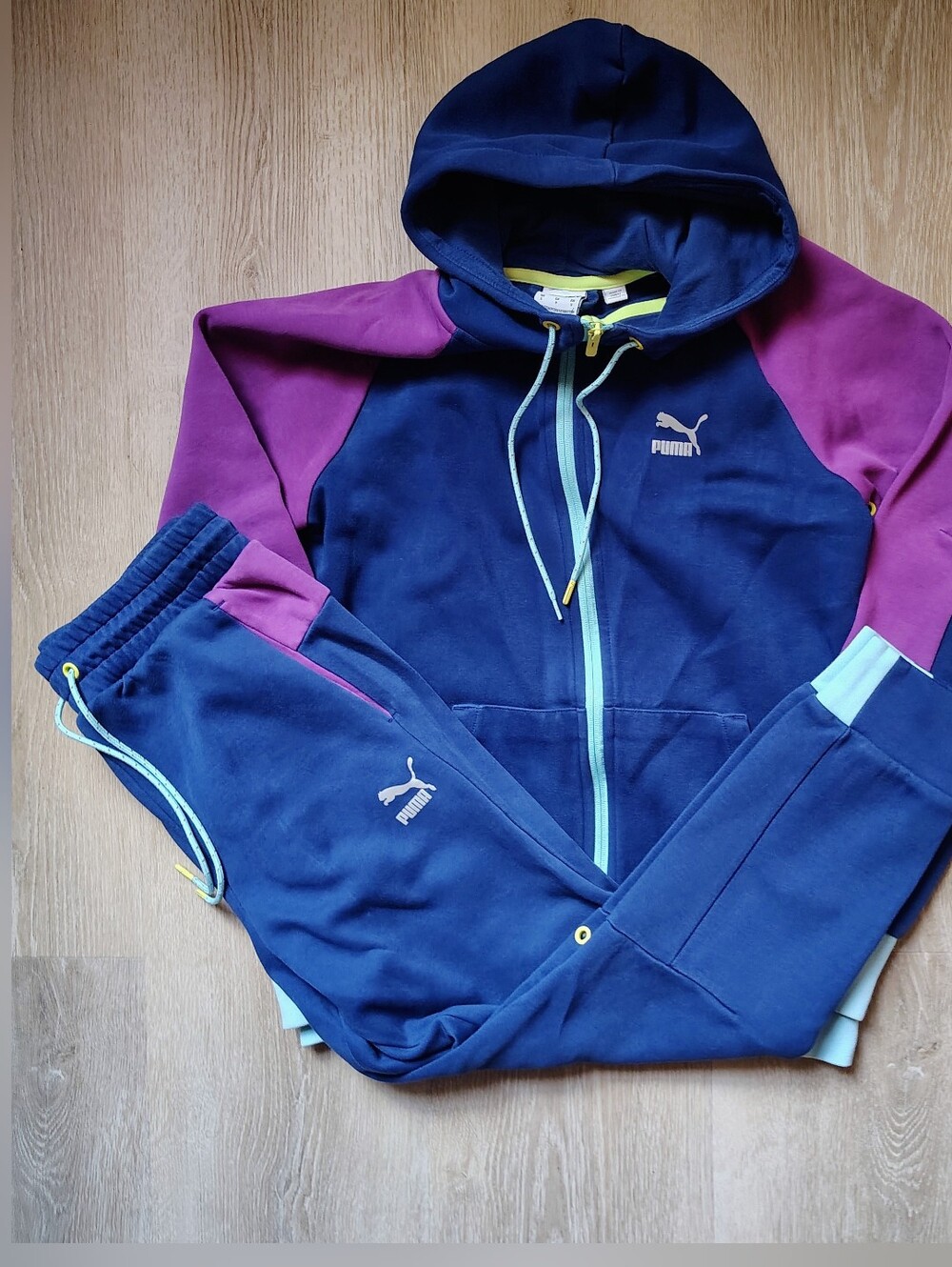 Puma Navy and Magenta Colorblock Hooded Jumpsuit with Mint Accents